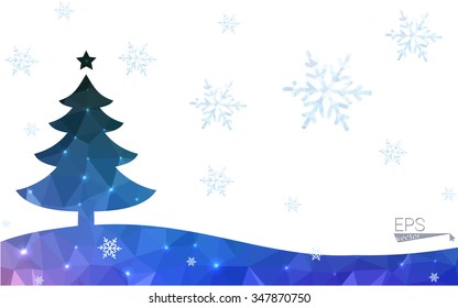 Blue, green postcard low polygon style christmas tree vector illustration consisting of triangles. Abstract polygonal origami or crystal design of New Years celebration. Isolated on white background.