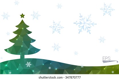 Blue, green postcard low polygon style christmas tree vector illustration consisting of triangles. Abstract polygonal origami or crystal design of New Years celebration. Isolated on white background.