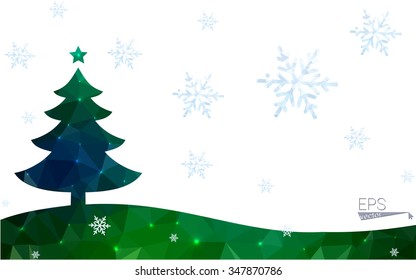 Blue, green postcard low polygon style christmas tree vector illustration consisting of triangles. Abstract polygonal origami or crystal design of New Years celebration. Isolated on white background.