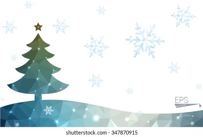 Blue, green postcard low polygon style christmas tree vector illustration consisting of triangles. Abstract polygonal origami or crystal design of New Years celebration. Isolated on white background.