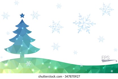 Blue, green postcard low polygon style christmas tree vector illustration consisting of triangles. Abstract polygonal origami or crystal design of New Years celebration. Isolated on white background.