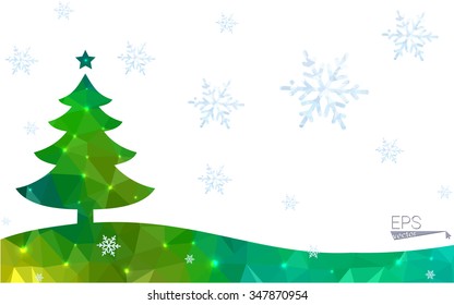 Blue, green postcard low polygon style christmas tree vector illustration consisting of triangles. Abstract polygonal origami or crystal design of New Years celebration. Isolated on white background.