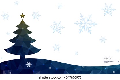Blue, green postcard low polygon style christmas tree vector illustration consisting of triangles. Abstract polygonal origami or crystal design of New Years celebration. Isolated on white background.