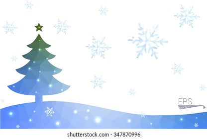 Blue, green postcard low polygon style christmas tree vector illustration consisting of triangles. Abstract polygonal origami or crystal design of New Years celebration. Isolated on white background.