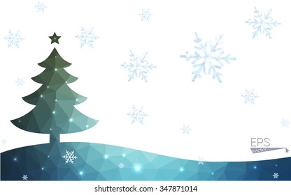 Blue, green postcard low polygon style christmas tree vector illustration consisting of triangles. Abstract polygonal origami or crystal design of New Years celebration. Isolated on white background.