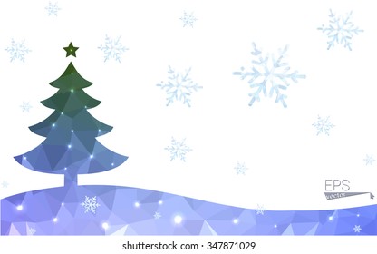 Blue, green postcard low polygon style christmas tree vector illustration consisting of triangles. Abstract polygonal origami or crystal design of New Years celebration. Isolated on white background.