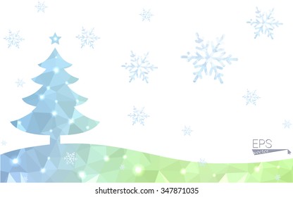 Blue, green postcard low polygon style christmas tree vector illustration consisting of triangles. Abstract polygonal origami or crystal design of New Years celebration. Isolated on white background.