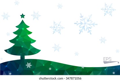 Blue, green postcard low polygon style christmas tree vector illustration consisting of triangles. Abstract polygonal origami or crystal design of New Years celebration. Isolated on white background.