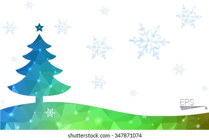 Blue, green postcard low polygon style christmas tree vector illustration consisting of triangles. Abstract polygonal origami or crystal design of New Years celebration. Isolated on white background.