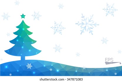 Blue, green postcard low polygon style christmas tree vector illustration consisting of triangles. Abstract polygonal origami or crystal design of New Years celebration. Isolated on white background.