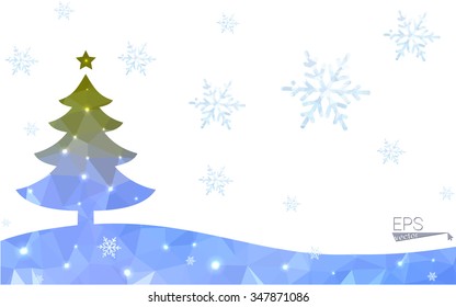 Blue, green postcard low polygon style christmas tree vector illustration consisting of triangles. Abstract polygonal origami or crystal design of New Years celebration. Isolated on white background.
