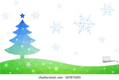 Blue, green postcard low polygon style christmas tree vector illustration consisting of triangles. Abstract polygonal origami or crystal design of New Years celebration. Isolated on white background.
