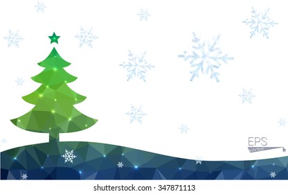 Blue, green postcard low polygon style christmas tree vector illustration consisting of triangles. Abstract polygonal origami or crystal design of New Years celebration. Isolated on white background.