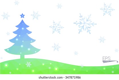 Blue, green postcard low polygon style christmas tree vector illustration consisting of triangles. Abstract polygonal origami or crystal design of New Years celebration. Isolated on white background.