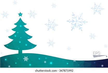 Blue, green postcard low polygon style christmas tree vector illustration consisting of triangles. Abstract polygonal origami or crystal design of New Years celebration. Isolated on white background.