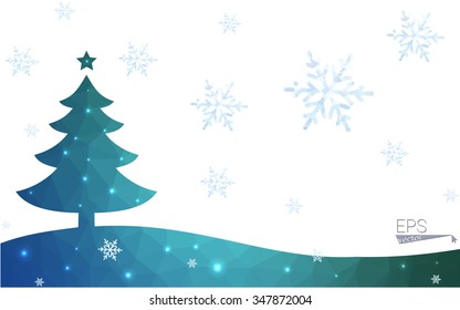 Blue, green postcard low polygon style christmas tree vector illustration consisting of triangles. Abstract polygonal origami or crystal design of New Years celebration. Isolated on white background.