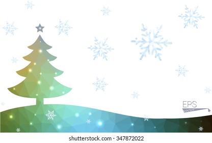Blue, green postcard low polygon style christmas tree vector illustration consisting of triangles. Abstract polygonal origami or crystal design of New Years celebration. Isolated on white background.