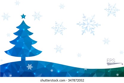 Blue, green postcard low polygon style christmas tree vector illustration consisting of triangles. Abstract polygonal origami or crystal design of New Years celebration. Isolated on white background.