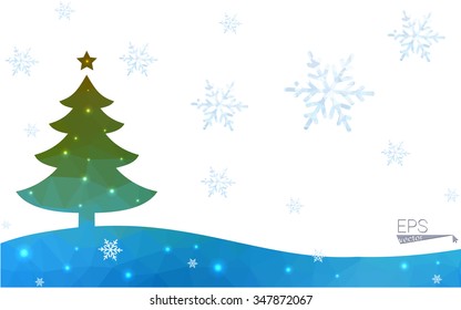 Blue, green postcard low polygon style christmas tree vector illustration consisting of triangles. Abstract polygonal origami or crystal design of New Years celebration. Isolated on white background.