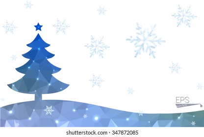 Blue, green postcard low polygon style christmas tree vector illustration consisting of triangles. Abstract polygonal origami or crystal design of New Years celebration. Isolated on white background.