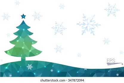 Blue, green postcard low polygon style christmas tree vector illustration consisting of triangles. Abstract polygonal origami or crystal design of New Years celebration. Isolated on white background.