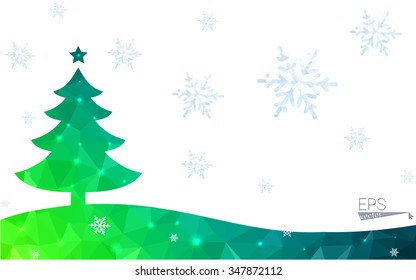 Blue, green postcard low polygon style christmas tree vector illustration consisting of triangles. Abstract polygonal origami or crystal design of New Years celebration. Isolated on white background.