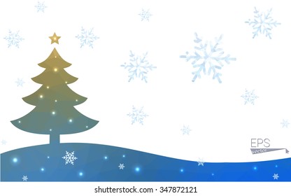 Blue, green postcard low polygon style christmas tree vector illustration consisting of triangles. Abstract polygonal origami or crystal design of New Years celebration. Isolated on white background.