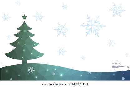Blue, green postcard low polygon style christmas tree vector illustration consisting of triangles. Abstract polygonal origami or crystal design of New Years celebration. Isolated on white background.