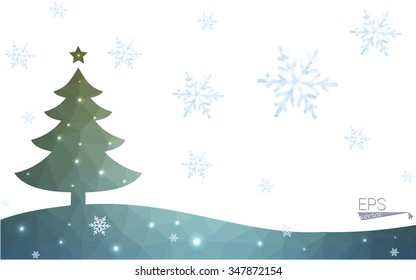 Blue, green postcard low polygon style christmas tree vector illustration consisting of triangles. Abstract polygonal origami or crystal design of New Years celebration. Isolated on white background.