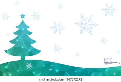 Blue, green postcard low polygon style christmas tree vector illustration consisting of triangles. Abstract polygonal origami or crystal design of New Years celebration. Isolated on white background.