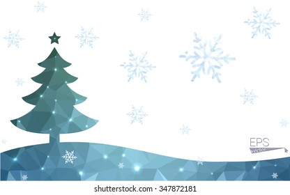Blue, green postcard low polygon style christmas tree vector illustration consisting of triangles. Abstract polygonal origami or crystal design of New Years celebration. Isolated on white background.