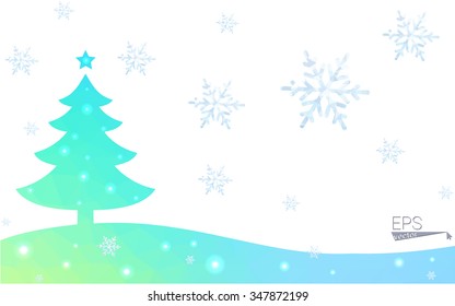 Blue, green postcard low polygon style christmas tree vector illustration consisting of triangles. Abstract polygonal origami or crystal design of New Years celebration. Isolated on white background.