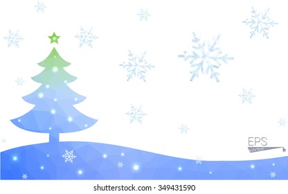 Blue, green postcard low polygon style christmas tree vector illustration consisting of triangles. Abstract polygonal origami or crystal design of New Years celebration. Isolated on white background.
