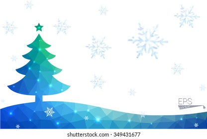 Blue, green postcard low polygon style christmas tree vector illustration consisting of triangles. Abstract polygonal origami or crystal design of New Years celebration. Isolated on white background.
