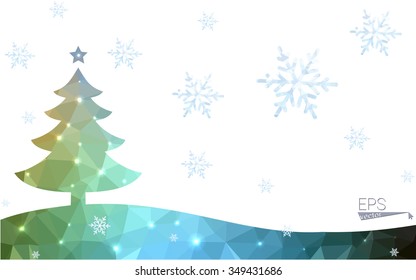 Blue, green postcard low polygon style christmas tree vector illustration consisting of triangles. Abstract polygonal origami or crystal design of New Years celebration. Isolated on white background.