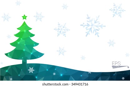 Blue, green postcard low polygon style christmas tree vector illustration consisting of triangles. Abstract polygonal origami or crystal design of New Years celebration. Isolated on white background.