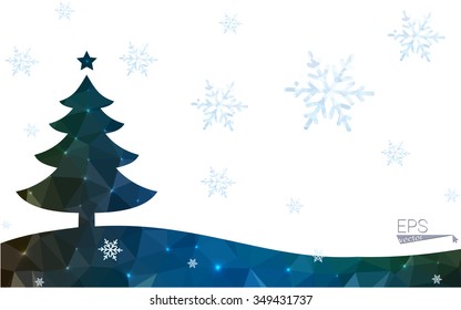 Blue, green postcard low polygon style christmas tree vector illustration consisting of triangles. Abstract polygonal origami or crystal design of New Years celebration. Isolated on white background.