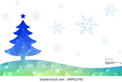 Blue, green postcard low polygon style christmas tree vector illustration consisting of triangles. Abstract polygonal origami or crystal design of New Years celebration. Isolated on white background.