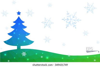 Blue, green postcard low polygon style christmas tree vector illustration consisting of triangles. Abstract polygonal origami or crystal design of New Years celebration. Isolated on white background.
