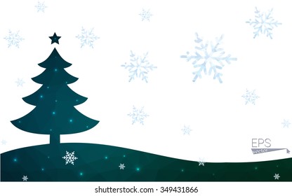 Blue, green postcard low polygon style christmas tree vector illustration consisting of triangles. Abstract polygonal origami or crystal design of New Years celebration. Isolated on white background.