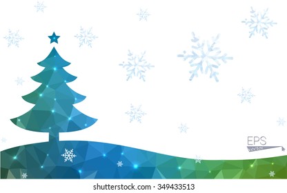 Blue, green postcard low polygon style christmas tree vector illustration consisting of triangles. Abstract polygonal origami or crystal design of New Years celebration. Isolated on white background.