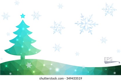 Blue, green postcard low polygon style christmas tree vector illustration consisting of triangles. Abstract polygonal origami or crystal design of New Years celebration. Isolated on white background.