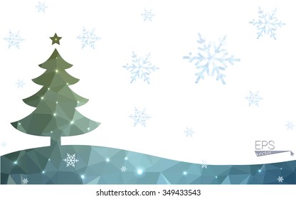 Blue, green postcard low polygon style christmas tree vector illustration consisting of triangles. Abstract polygonal origami or crystal design of New Years celebration. Isolated on white background.