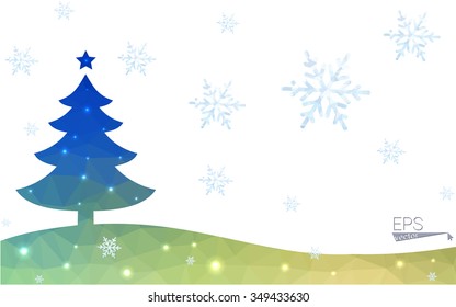 Blue, green postcard low polygon style christmas tree vector illustration consisting of triangles. Abstract polygonal origami or crystal design of New Years celebration. Isolated on white background.