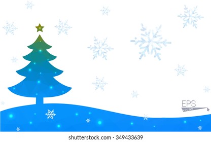 Blue, green postcard low polygon style christmas tree vector illustration consisting of triangles. Abstract polygonal origami or crystal design of New Years celebration. Isolated on white background.
