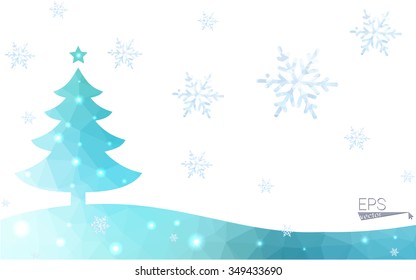 Blue, green postcard low polygon style christmas tree vector illustration consisting of triangles. Abstract polygonal origami or crystal design of New Years celebration. Isolated on white background.
