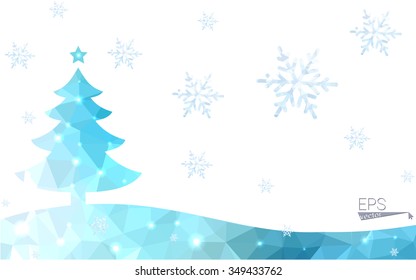 Blue, green postcard low polygon style christmas tree vector illustration consisting of triangles. Abstract polygonal origami or crystal design of New Years celebration. Isolated on white background.