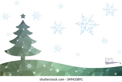Blue, green postcard low polygon style christmas tree vector illustration consisting of triangles. Abstract polygonal origami or crystal design of New Years celebration. Isolated on white background.
