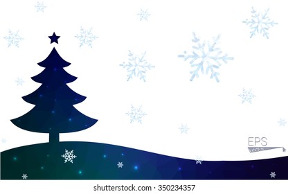 Blue, green postcard low polygon style christmas tree vector illustration consisting of triangles. Abstract polygonal origami or crystal design of New Years celebration. Isolated on white background.