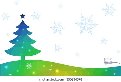 Blue, green postcard low polygon style christmas tree vector illustration consisting of triangles. Abstract polygonal origami or crystal design of New Years celebration. Isolated on white background.